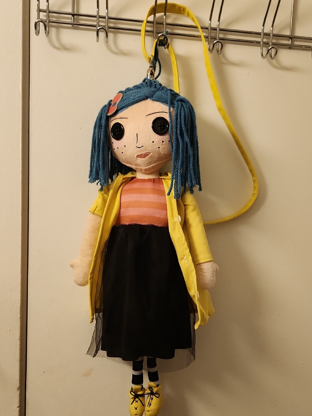 Coraline-Inspired Blue Hair Doll Crossbody Bag - Yellow Coat
